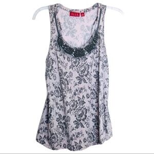 Elle Racer Back Tank Pink Gray Floral Boho Embellished Neckline Size S